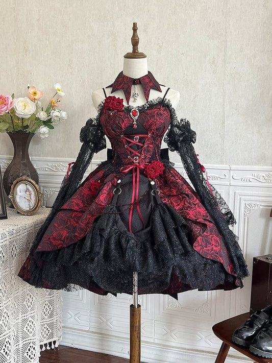 Robe Lolita JSK à manches et col en tissu rosette gothique noir et rouge