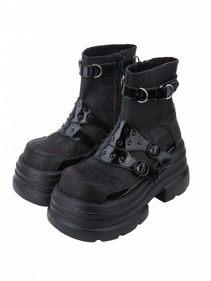 Chunky Fashion Red Details in Black Square Gothic Highlights Boots with Buckle Toe