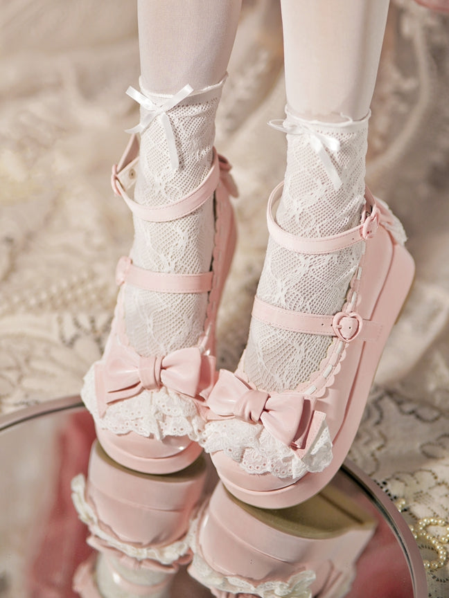 Top Heart Platforms Buckles at Bow Baby Pink Trim Lace