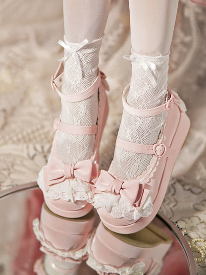 Top Heart Platforms Buckles at Bow Baby Pink Trim Lace