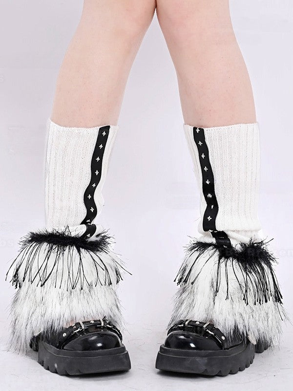 Black White Gothic Knit Leg Warmers with Plush Cuffs