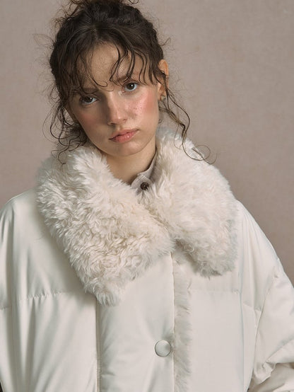 Beige/Brown Short Puffer Jacket with Faux Fur Trim and White Duck Down Filling