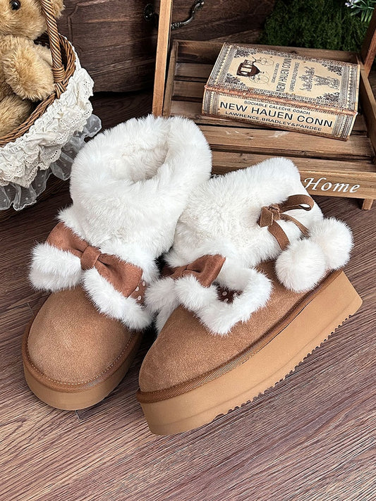 Bunny Pompom Light with for Adjustable Dot Boots Brown Ties Plush - Winter Accents Sweet Lolita
