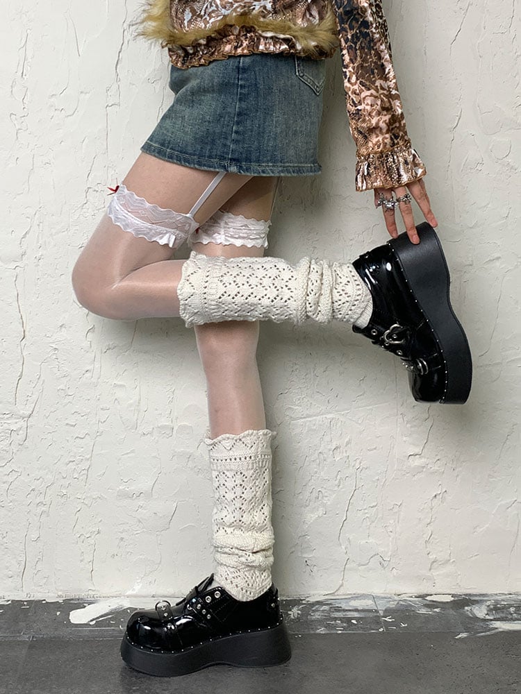 Y2K White Hollow-out Knitted Leg Warmers