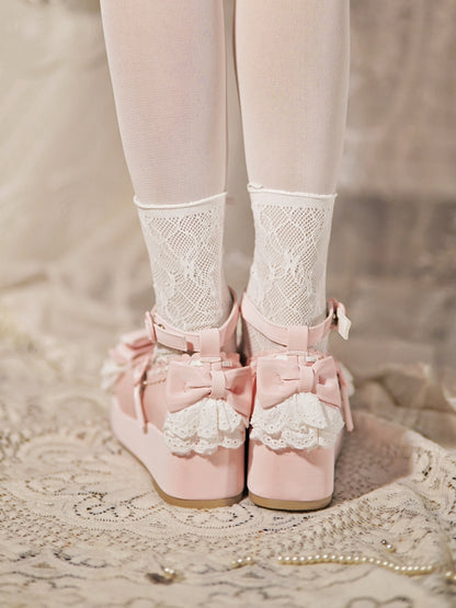 Top Heart Platforms Buckles at Bow Baby Pink Trim Lace
