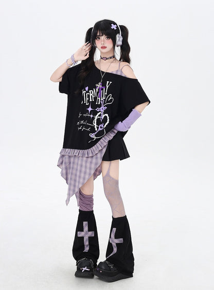 Asymmetrical Red/Purple Plaid Hem Black Punk Rock Graphic T-Shirt