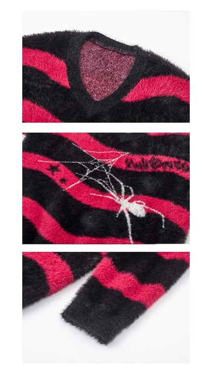 Black and Red Striped V-neck Punk Spider Sweater