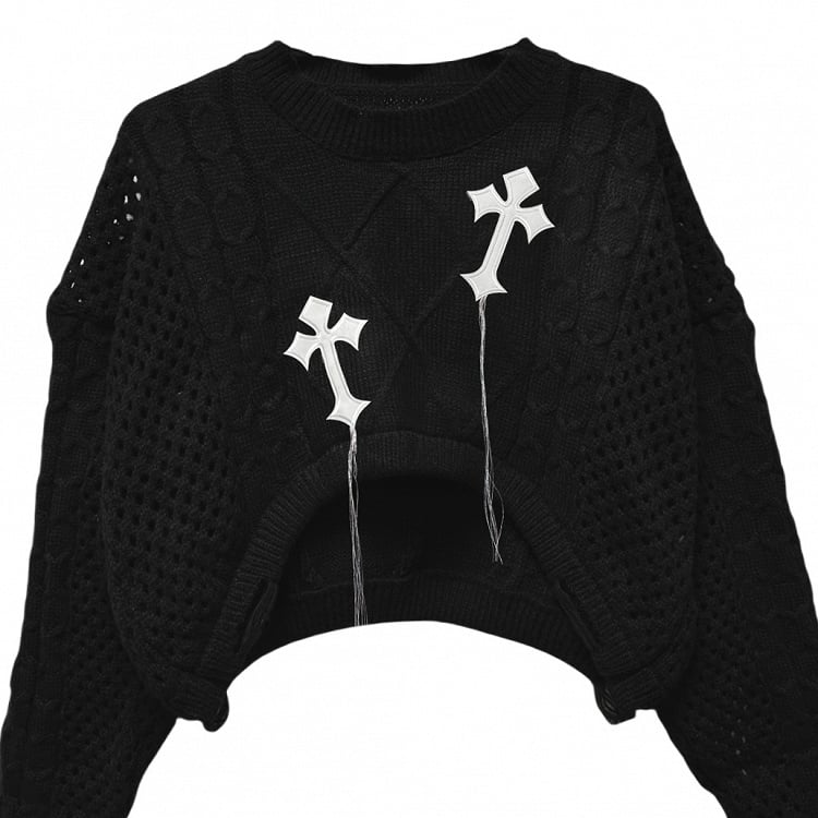 Punk Black Cross Appliques Fringe Design Cropped Sweater