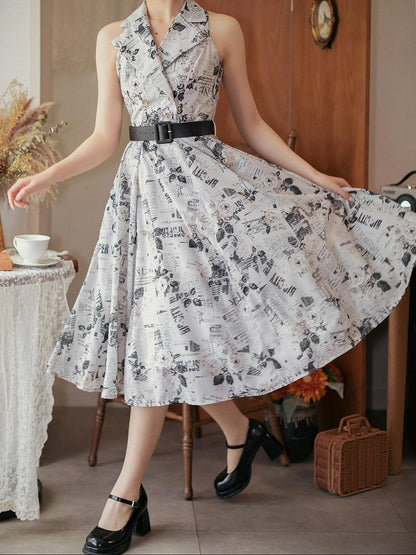 Blazer 1950s Print Collar Retro Newspaper Summer Fashion Dress