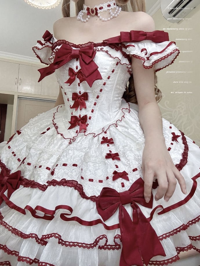 Ruffles Accents Skirt White Bow Jumper Tiered Princess Red Lolita