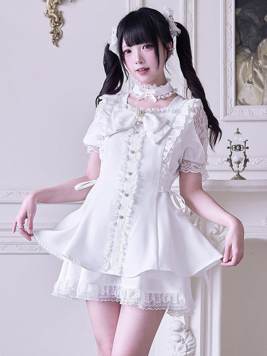 Schulter Kei mit Outfit Jirai Cutout Kleid Seite +Rock Lace-up Weiß Mini -