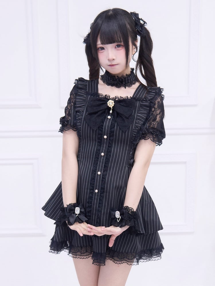 Full Kei Black Lace-up Matching Jirai Shoulder and Set: Cutout Skirt with Dress Striped Style Side Adjustable