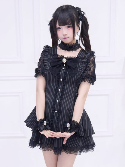 Full Kei Black Lace-up Matching Jirai Shoulder and Set: Cutout Skirt with Dress Striped Style Side Adjustable