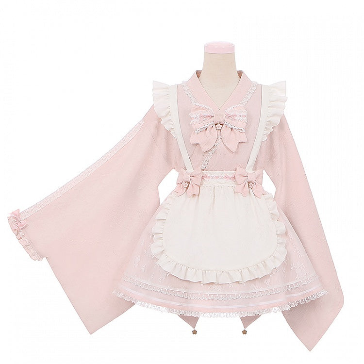 Wa Kei Pink Set-Bell Full Style Jirai Sleeves Blossom Apron Dress+Flutter Outfit Festival Cherry