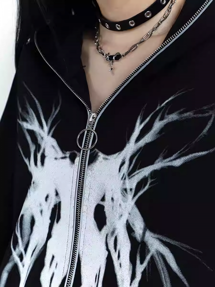 Gothic Black Zip Closure Loose Graphic Hoodie