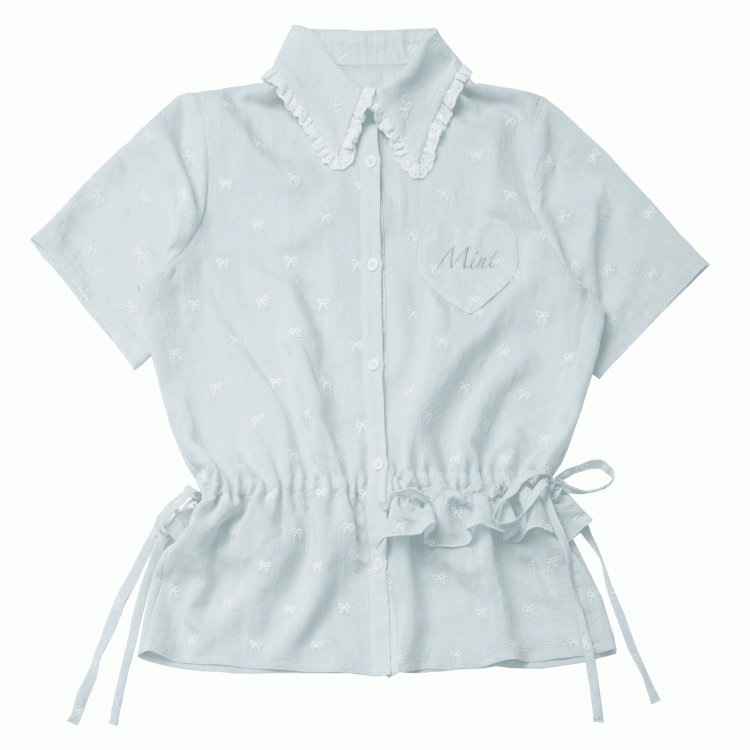 Bowknot Embroidery Short Sleeves Shirt Light Green Drawstring Waist Allover
