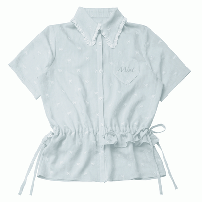 Bowknot Embroidery Short Sleeves Shirt Light Green Drawstring Waist Allover