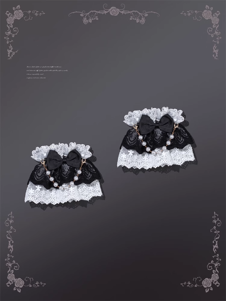 White Black Lace Wrist Cuffs with Beaded Chain and