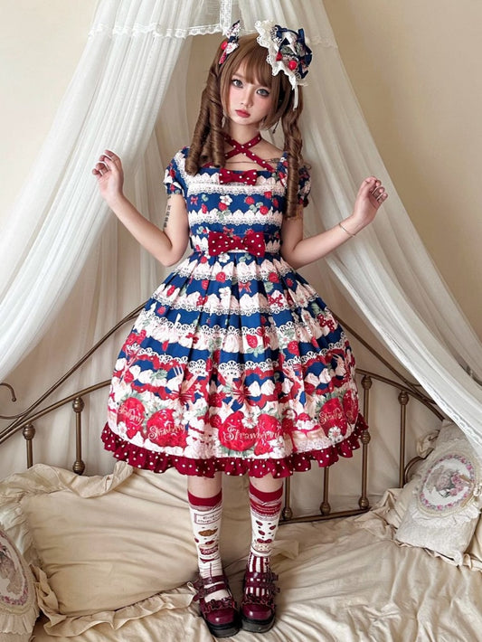 Robe Sweet Lolita taille haute bleu fraise