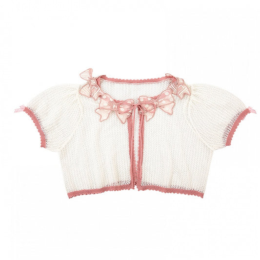 Pink Bowknot Applique Neckline Short Sleeves Top