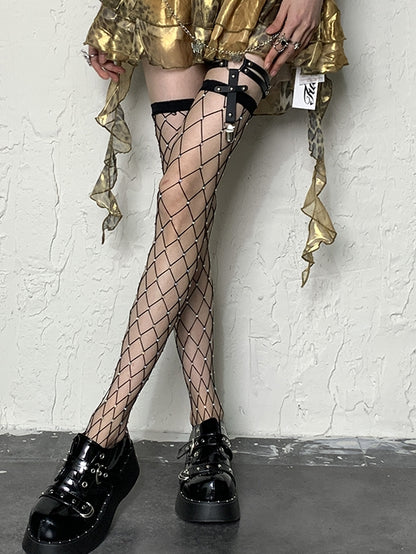 Y2K Overknee Strümpfe in Schwarz mit Designmuster und ausgehöhlten Diamanten