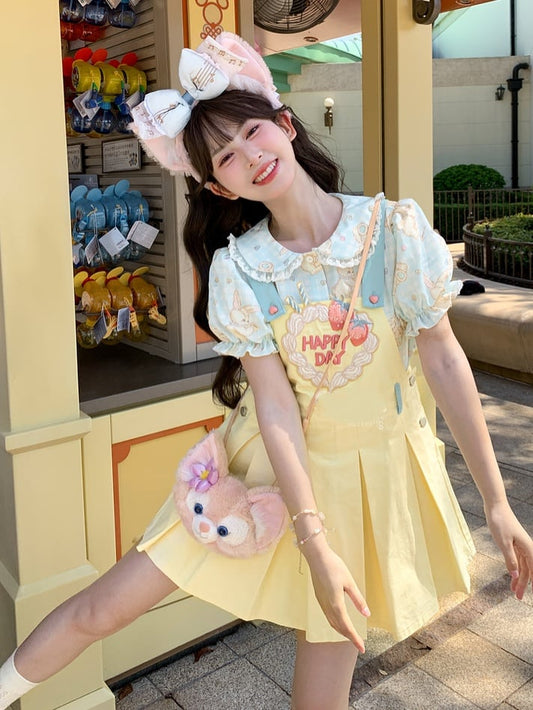 Strawberry Embroidery Yellow Box Pleat Overall Dress Sweet