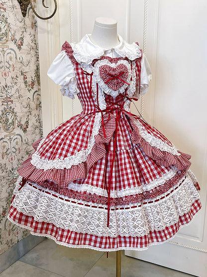 Schule Lolita Alter weißer Rock und Kleid Roter Pullover Gingham