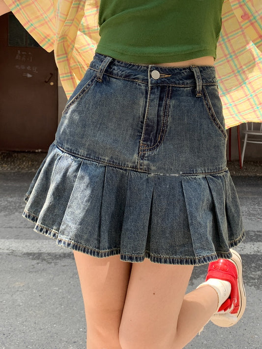 Waist Pleated Denim Skirt Blue High