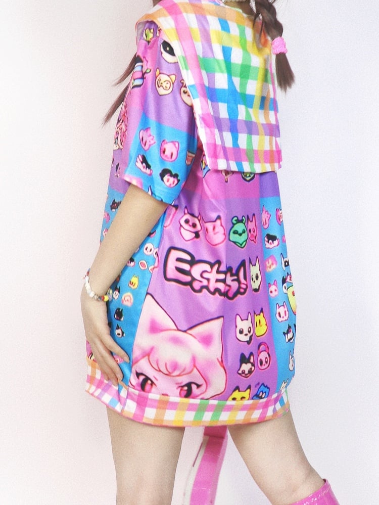 Gyaru Style Sailor Collar Short Sleeve T-shirt With Cartoon Prints And Plaid Pattern Colorful