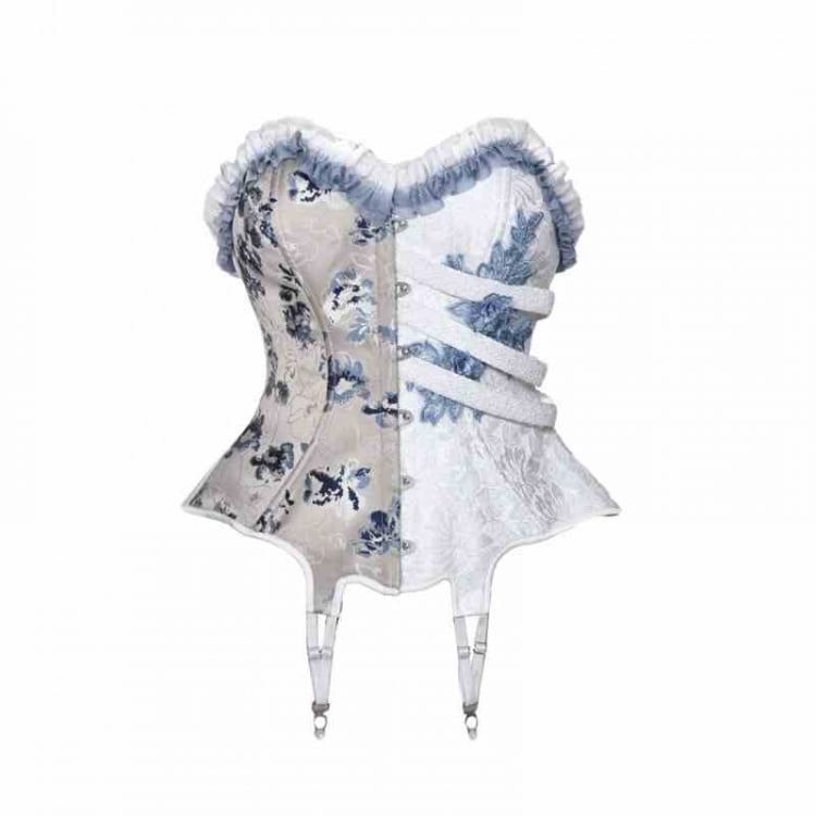 Half White Half Dusty Blue Corpse Bride Floral Corset Top