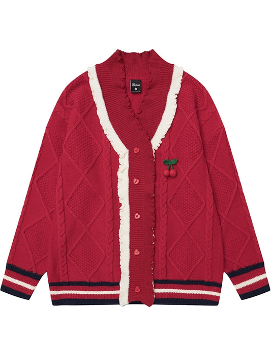 Cherry Adorned Red V-neck Christmas Cardigan
