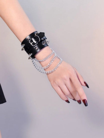 Gothic Black Studs Cyberpunk Wristband Bracelet with Chains