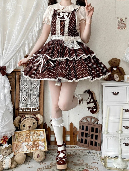 Pattern Old Polka-dot Chocolate Overall School Dress Brown Lolita
