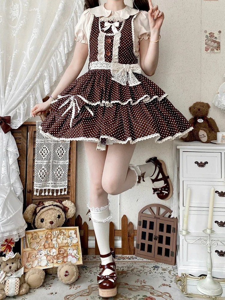 School Lolita Chocolate Polka-dot Pattern Dress Brown Overall Old
