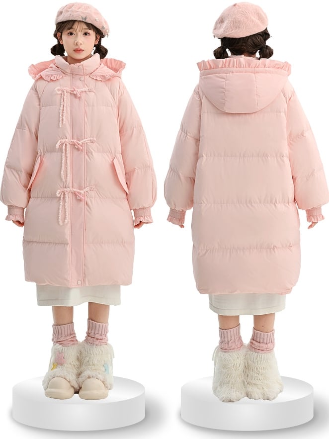 Pink Hooded Down Bowknot Horn Shaped Button Coat