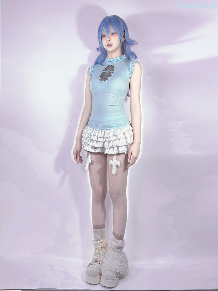 Skort aus Metall mit Kreuzanhängern, weißer elastischer Bund, gestufte, verzierte Rüschen