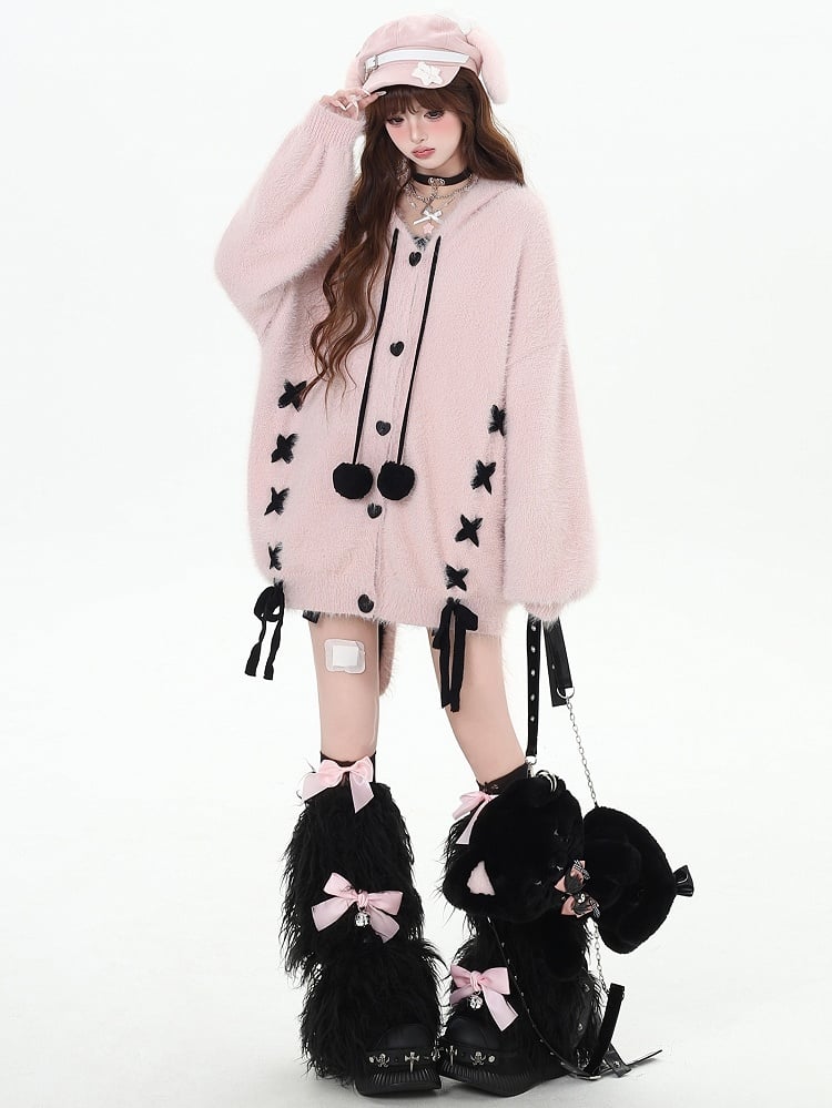 Pink Bunny Ears V-neck Hooded Loose Cardigan Lace-up Detail