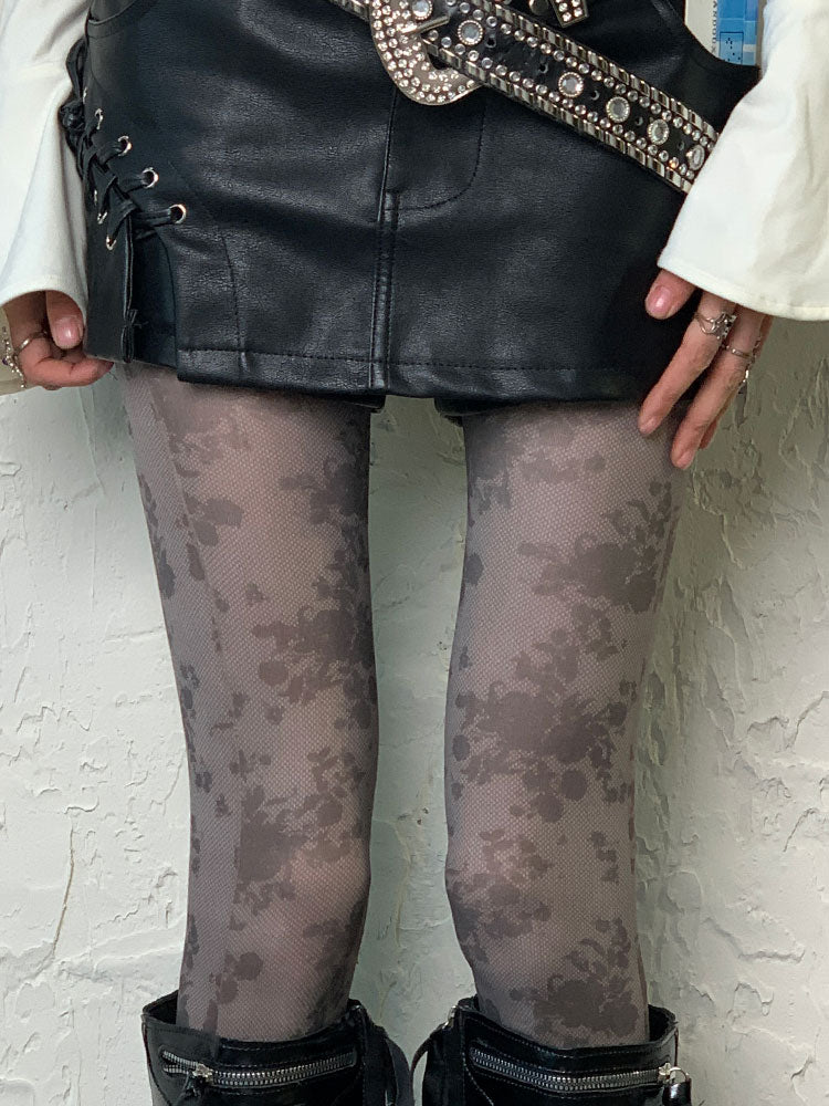 Gothic Gray-purple Y2K Floral Tights