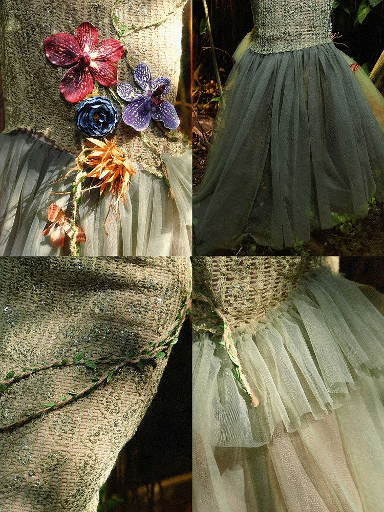 Forest Decorated Skirt Fairy Goth and Hem Tulle Floral Double Layers Green Butterfly Mermaid
