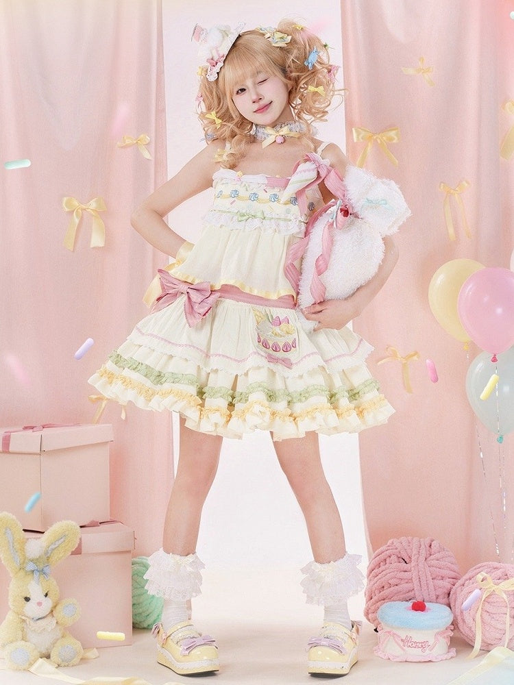Jumper Cake Strawberry Skirt Pastel Color Summer Cream Embroidery Sweet Lolita