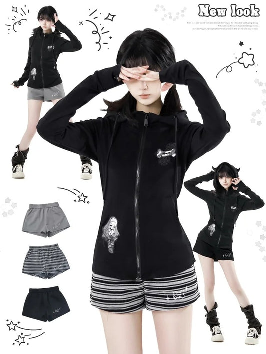 White Bone Embroidered Shorts Stripes Black/Gray/Black