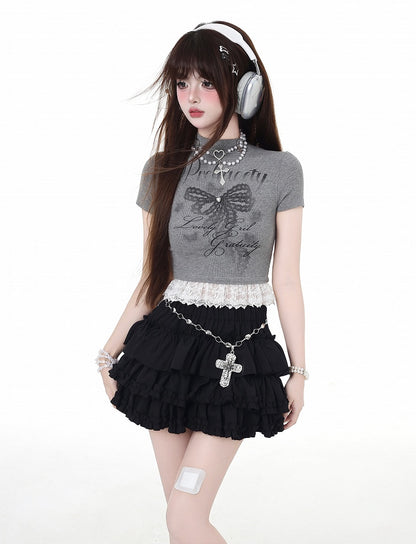 Bow Print Glamorous Cropped Neck Lace Hem T-Shirt Gray/White Mock