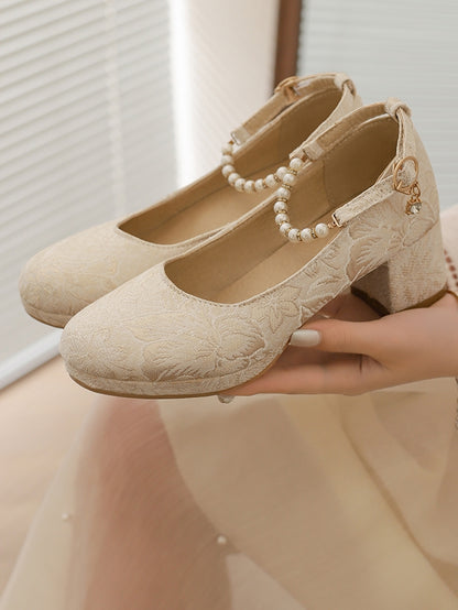 Beige Block Floral Janes Beaded 5cm Pattern Mary - Heel Lolita with Strap Qi Satin