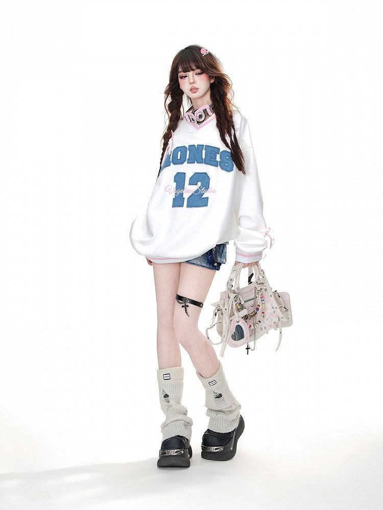 Black/White V-Neck Number Appliques Bowknots Loose Sweatshirt