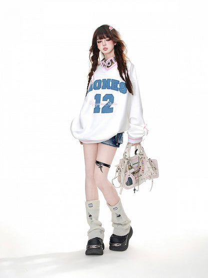 Black/White V-Neck Number Appliques Bowknots Loose Sweatshirt
