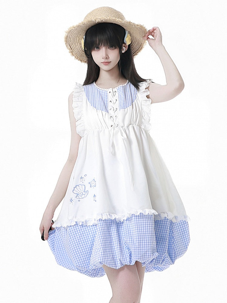 Bubble Skirt Plaid Flutter Sleeves Dress Blue Seashell and Starfish Embroidery White and