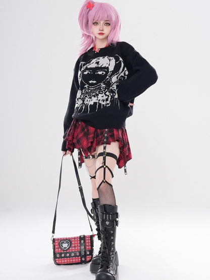 Wine Red/Black Y2K Girl Pattern Sweater with Free Choker