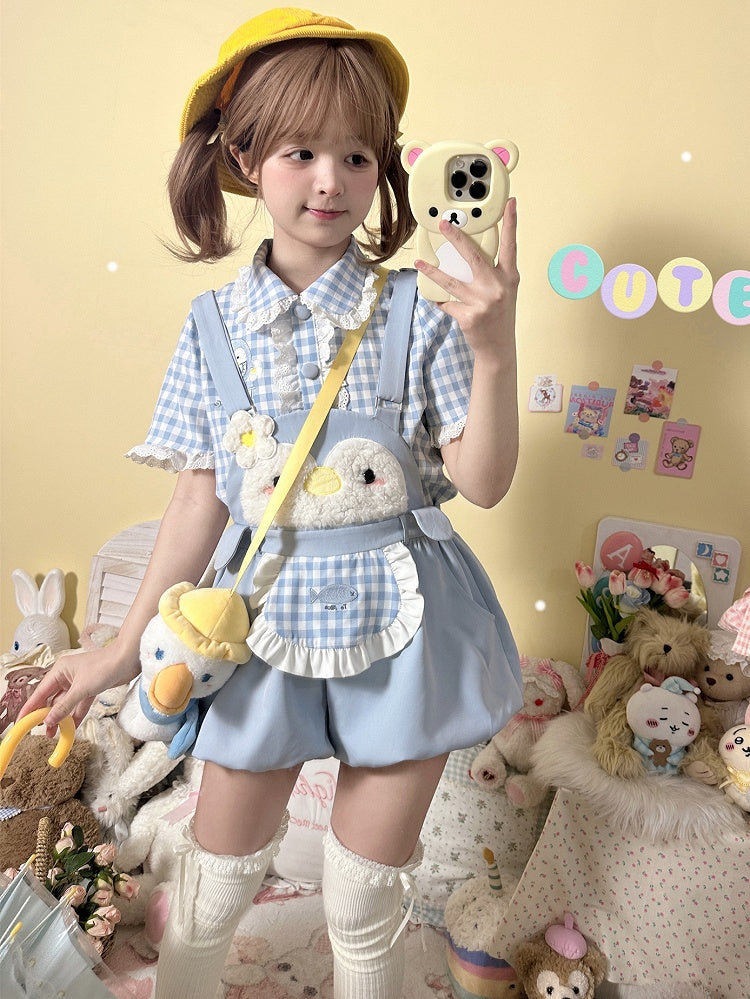 Little Penguin Blue Sweet Overalls Bubble Shorts