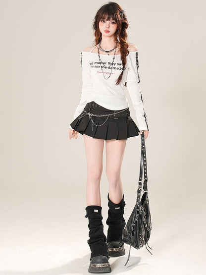 Neckline Off-the-shoulder Sleeves Letter Print Top Bittersweet Black/White Long Glamorous
