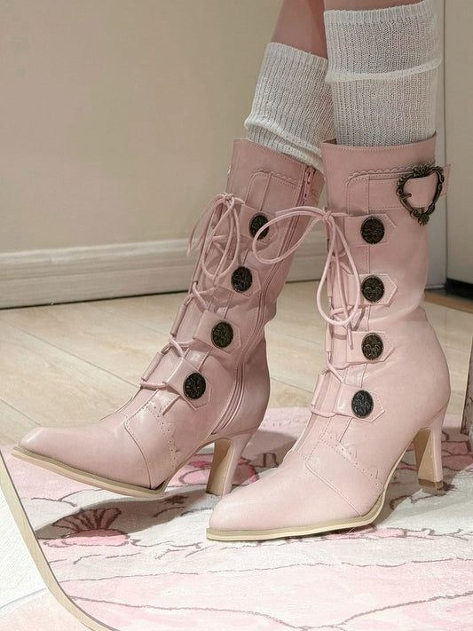 PU with Leather Toe Pointed Heels Lace-Up Lolita Sakura Mid-Calf Details Pink Design Boots Buckle -